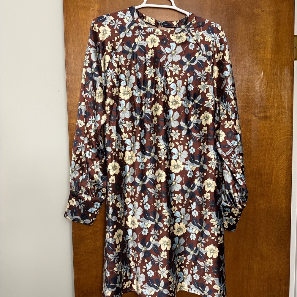 Floral Brown Long-Sleeve Shift Dress